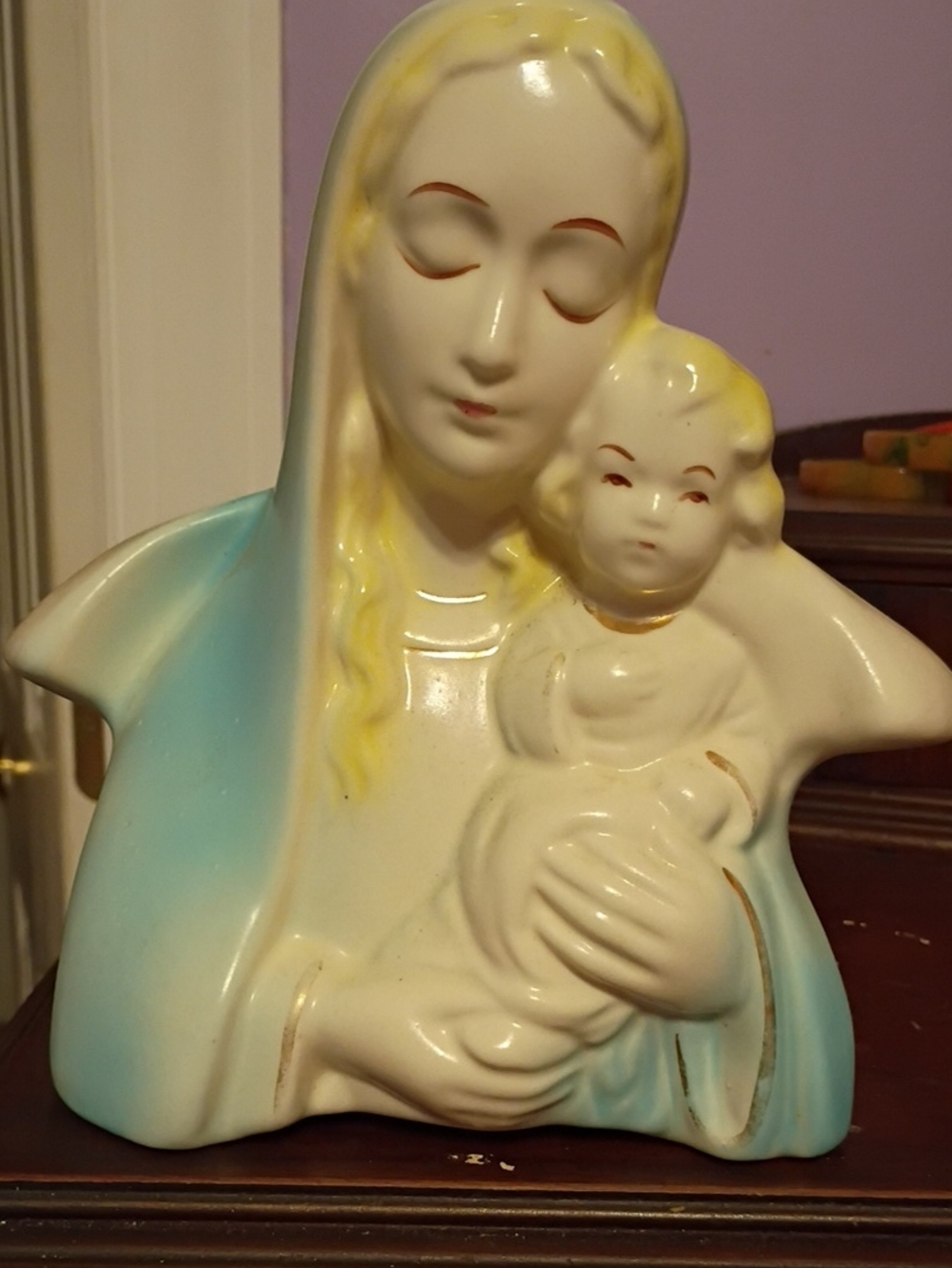 Religious Ceramic Madonna and Child Figurine - Blue and White